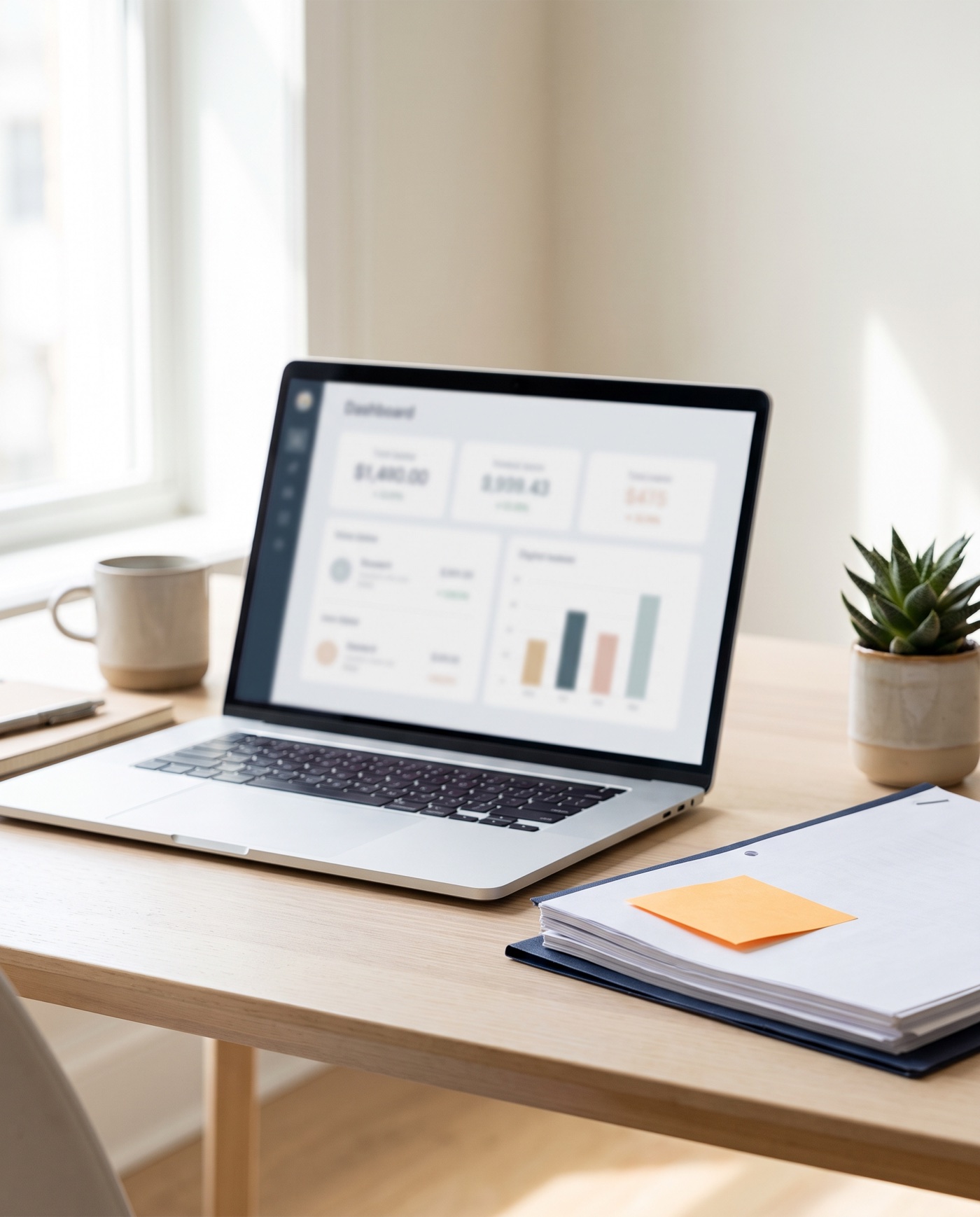 Een laptop met een overzichtelijk financieel dashboard op een licht bureau, in de stijl van Automatevia