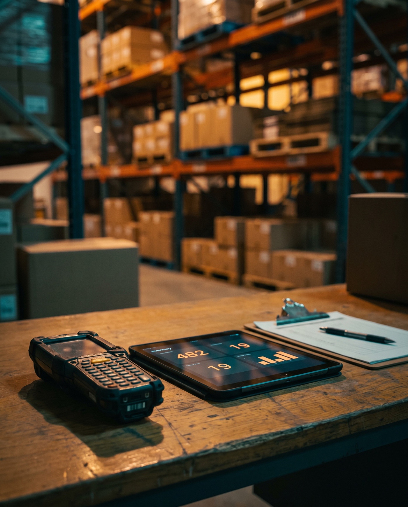 Een handscanner en tablet met voorraadcijfers in een magazijn, in de stijl van Automatevia