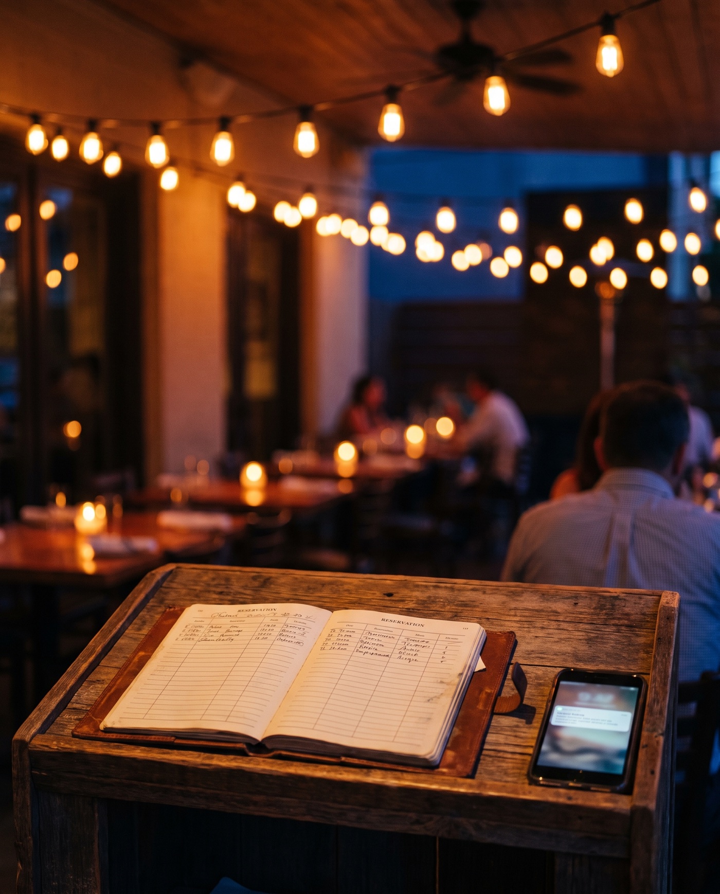 Een reserveringsboek en telefoon op een hostess-lessenaar in een restaurant, in de stijl van Automatevia
